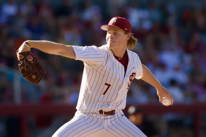 Wes Mendes delivers a pitch as Florida State baseball hosted Miami at Dick Howser Stadium on Thursday, May 14, 2026 in the first of three games.