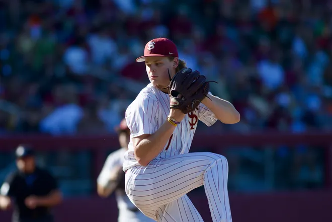 Wes Mendes delivers a pitch as Florida State baseball hosted Miami at Dick Howser Stadium on Thursday, May 14, 2026 in the first of three games.