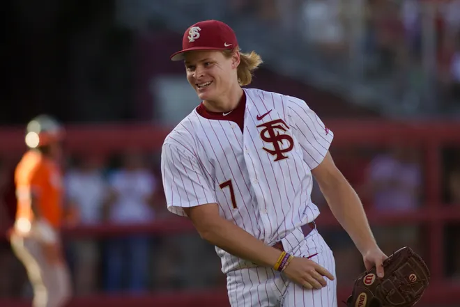 Wes Mendes celebrates a double play as Florida State baseball hosted Miami at Dick Howser Stadium on Thursday, May 14, 2026 in the first of three games.