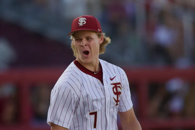 Wes Mendes celebrates a double play as Florida State baseball hosted Miami at Dick Howser Stadium on Thursday, May 14, 2026 in the first of three games.