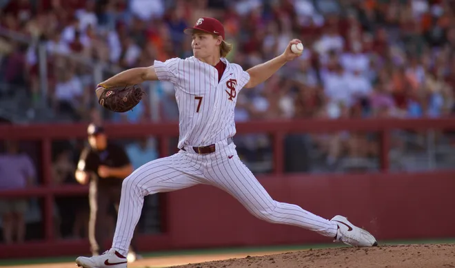 Wes Mendes delivers a pitch as Florida State baseball hosted Miami at Dick Howser Stadium on Thursday, May 14, 2026 in the first of three games.