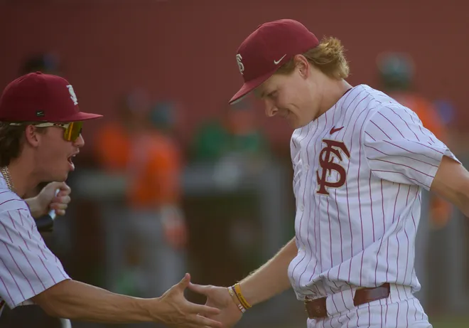 Wes Mendes celebrates a double play as Florida State baseball hosted Miami at Dick Howser Stadium on Thursday, May 14, 2026 in the first of three games.