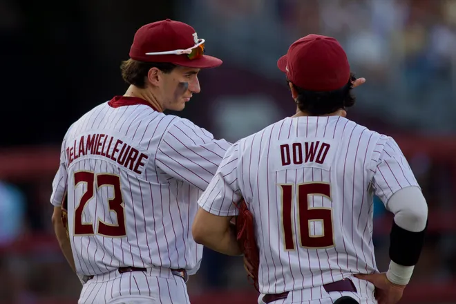 Brody DeLamielleure and Brayden Dowd talk during a review as Florida State baseball hosted Miami at Dick Howser Stadium on Thursday, May 14, 2026 in the first of three games.