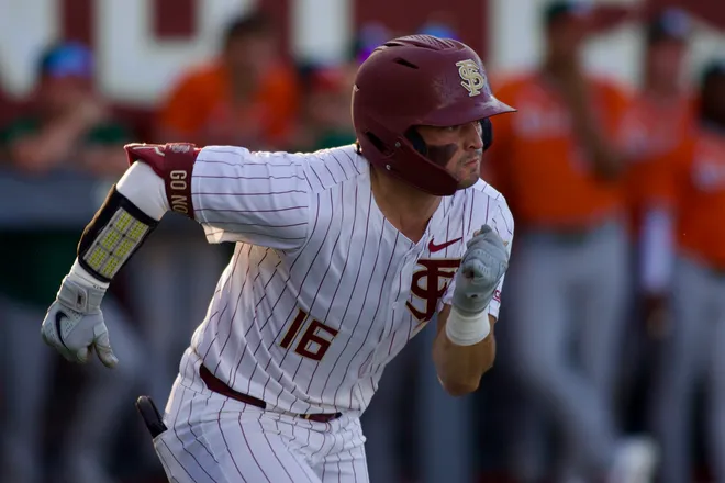 Brayden Dowd runs as Florida State baseball hosted Miami at Dick Howser Stadium on Thursday, May 14, 2026 in the first of three games.