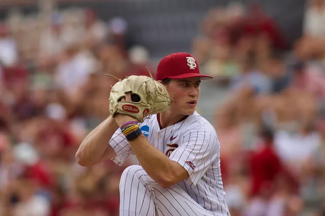 Bryson Moore delivers a pitch as FSU baseball hosts St. John’s in the NCAA Tallahassee Regional on Friday, May 29, 2026 at Dick Howser Stadium.