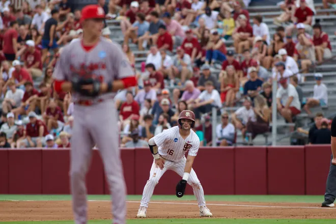Brayden Dowd watches a pitch as FSU baseball hosts St. John’s in the NCAA Tallahassee Regional on Friday, May 29, 2026, at Dick Howser Stadium.