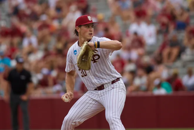 Bryson Moore delivers a pitch as FSU baseball hosts St. John’s in the NCAA Tallahassee Regional on Friday, May 29, 2026 at Dick Howser Stadium.
