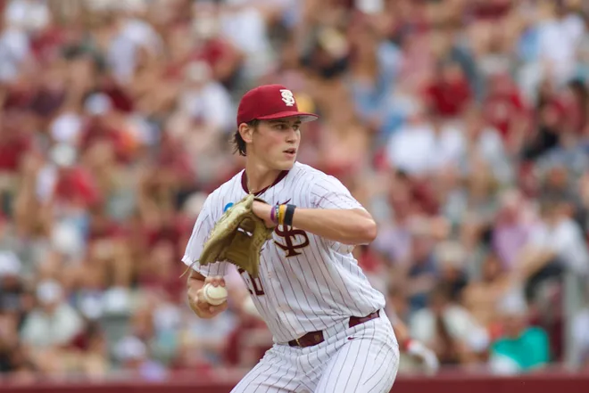 Bryson Moore delivers a pitch as FSU baseball hosts St. John’s in the NCAA Tallahassee Regional on Friday, May 29, 2026 at Dick Howser Stadium.