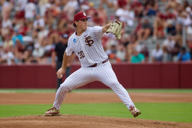 Bryson Moore delivers a pitch as FSU baseball hosts St. John’s in the NCAA Tallahassee Regional on Friday, May 29, 2026 at Dick Howser Stadium.