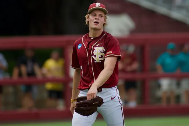 Wes Mendes throws a pitch against Coastal Carolina in the NCAA Tallahassee Regional elimination game on Saturday, May 30, 2026, at Dick Howser Stadium.