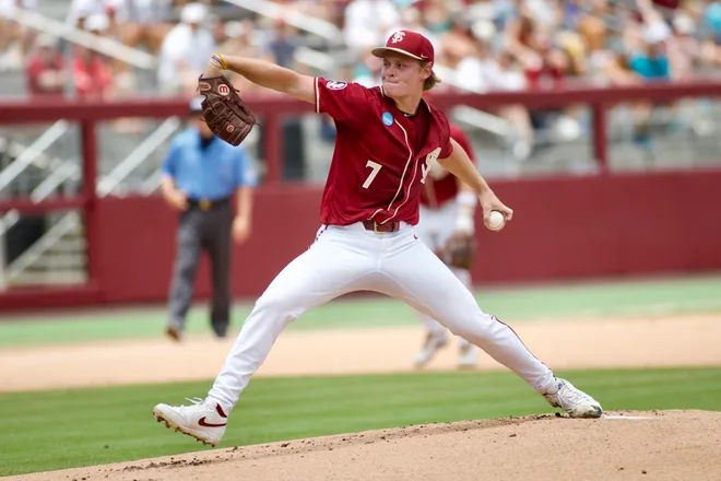 Wes Mendes throws a pitch against Coastal Carolina in the NCAA Tallahassee Regional elimination game on Saturday, May 30, 2026, at Dick Howser Stadium.
