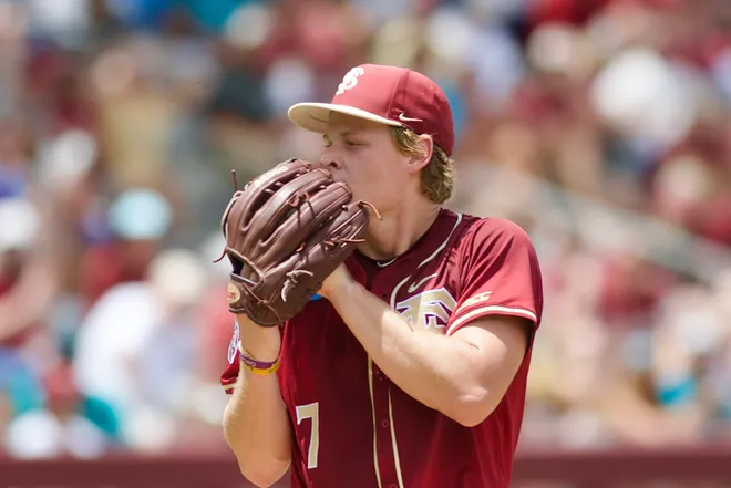 Wes Mendes throws a pitch against Coastal Carolina in the NCAA Tallahassee Regional elimination game on Saturday, May 30, 2026, at Dick Howser Stadium.