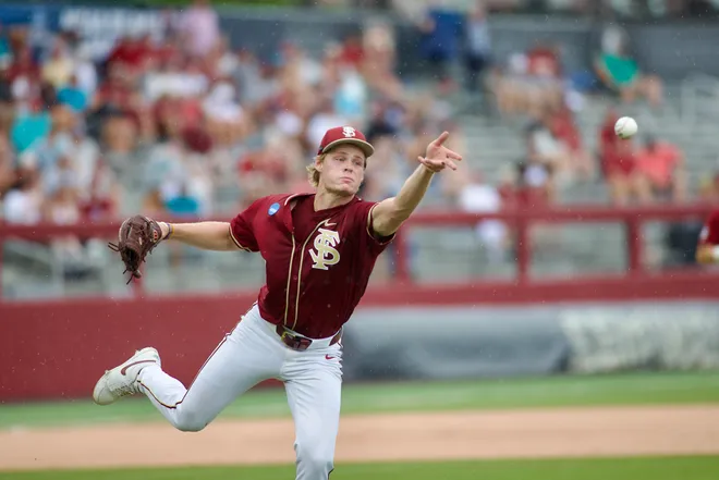Wes Mendes tosses a ball to first base against Coastal Carolina in the NCAA Tallahassee Regional elimination game on Saturday, May 30, 2026, at Dick Howser Stadium.