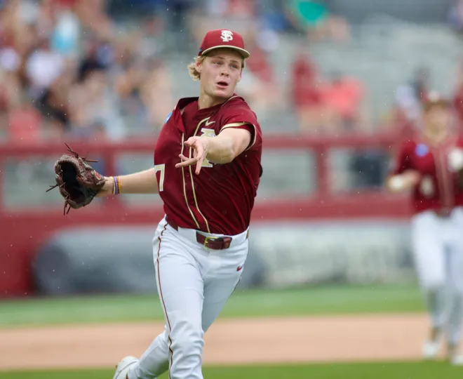 Wes Mendes tosses a ball to first base against Coastal Carolina in the NCAA Tallahassee Regional elimination game on Saturday, May 30, 2026, at Dick Howser Stadium.