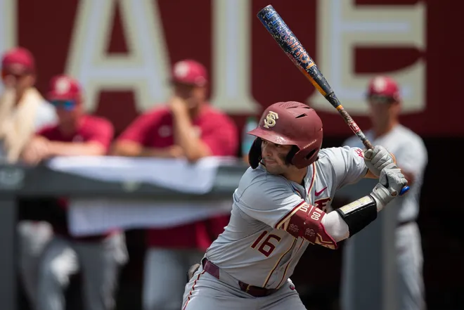 Florida State Seminoles outfielder Brayden Dowd (16) eyes the pitch. The St. John's Red Storm defeated the Florida State Seminoles 5-4 in the Tallahassee Regional finals at Dick Howser Stadium on Monday, June 1, 2026.