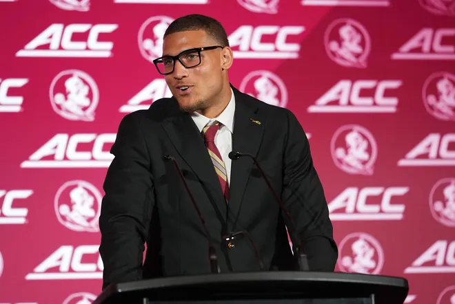 Jul 15, 2026; Charlotte, NC, USA; Florida State Seminoles wide reciever Duce Robinson speaks to the media during ACC Media Days at Hilton Charlotte Uptown. Mandatory Credit: Jim Dedmon-Imagn Images