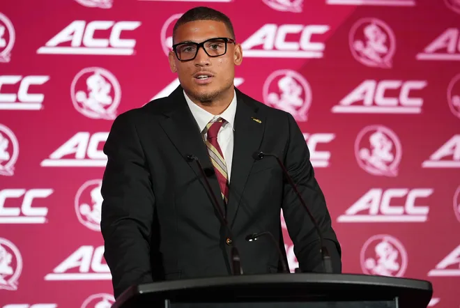 Jul 15, 2026; Charlotte, NC, USA; Florida State Seminoles wide reciever Duce Robinson speaks to the media during ACC Media Days at Hilton Charlotte Uptown. Mandatory Credit: Jim Dedmon-Imagn Images