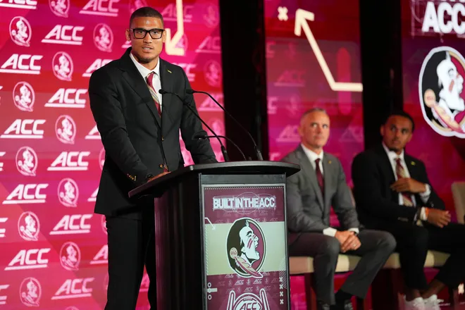 CHARLOTTE, NORTH CAROLINA - JULY 15: Wide receiver Duce Robinson #0 of the Florida State Seminoles speaks during the ACC Kickoff media days at Hilton Charlotte Uptown on July 15, 2026 in Charlotte, North Carolina. (Photo by Matt Kelley/Getty Images)