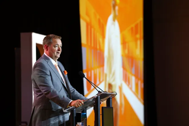 July 20, 2026; Tampa, Florida; Tennessee Volunteers head coach Josh Heupel speaks to the press during SEC football kickoff media day at the Tampa Marriott.