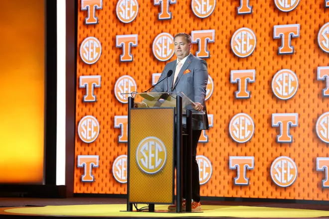 July 20, 2026; Tampa, Florida; Tennessee Volunteers head coach Josh Heupel speaks to the press during SEC Football Kickoff Media Day at the Tampa Marriott.
