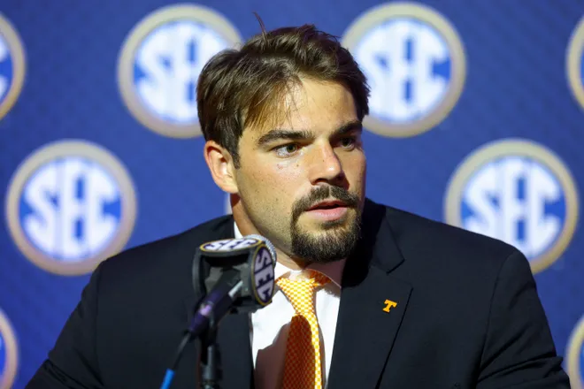 July 20, 2026; Tampa, Florida; Tennessee Volunteers linebacker Jeremiah Telander (22) speaks to the press during SEC Football Kickoff Media Day at the Tampa Marriott.