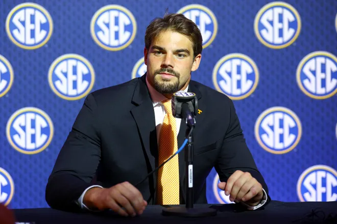 July 20, 2026; Tampa, Florida; Tennessee Volunteers linebacker Jeremiah Telander (22) speaks to the press during SEC Football Kickoff Media Day at the Tampa Marriott.