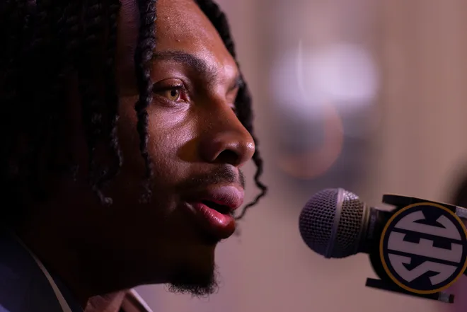 Running Back DeSean Bishop #18 of the Tennessee Volunteers speaks at SEC Football Media Day at Tampa Marriott Water Street on July 20, 2026 in Tampa, Florida.