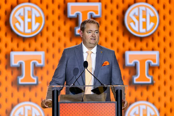 Head coach Josh Heupel of the Tennessee Volunteers speaks at SEC Football Media Day at Tampa Marriott Water Street on July 20, 2026 in Tampa, Florida.