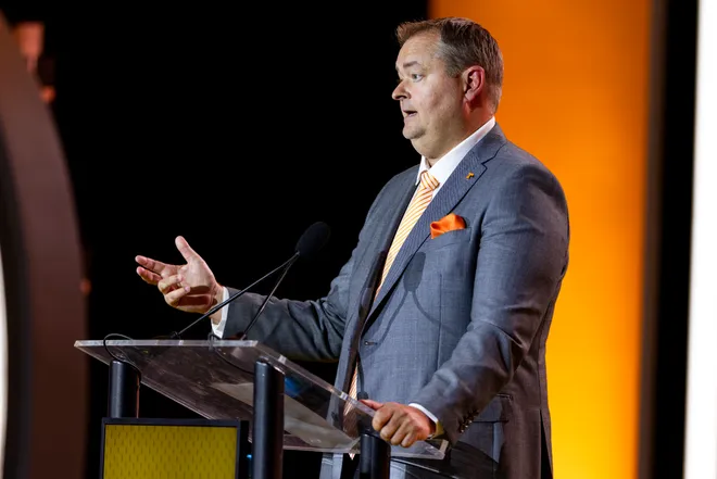 Head coach Josh Heupel of the Tennessee Volunteers speaks at SEC Football Media Day at Tampa Marriott Water Street on July 20, 2026 in Tampa, Florida.