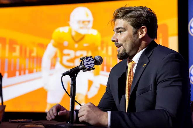 Linebacker Jeremiah Telander #22 of the Tennessee Volunteers speaks at SEC Football Media Day at Tampa Marriott Water Street on July 20, 2026 in Tampa, Florida.