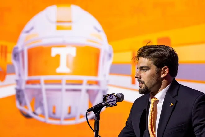 Linebacker Jeremiah Telander #22 of the Tennessee Volunteers speaks at SEC Football Media Day at Tampa Marriott Water Street on July 20, 2026 in Tampa, Florida.
