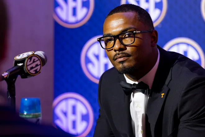 Linebacker Arion Carter #7 of the Tennessee Volunteers speaks at SEC Football Media Day at Tampa Marriott Water Street on July 20, 2026 in Tampa, Florida.