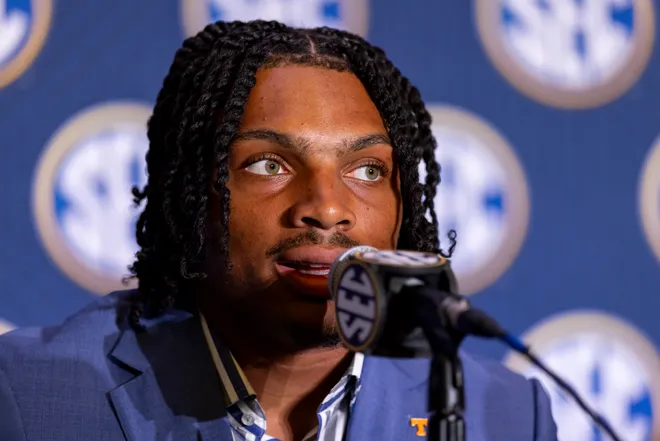 Running Back DeSean Bishop #18 of the Tennessee Volunteers speaks at SEC Football Media Day at Tampa Marriott Water Street on July 20, 2026 in Tampa, Florida.