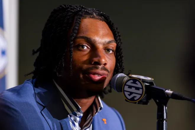 Running Back DeSean Bishop #18 of the Tennessee Volunteers speaks at SEC Football Media Day at Tampa Marriott Water Street on July 20, 2026 in Tampa, Florida.