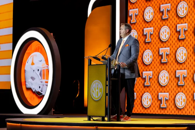 Head coach Josh Heupel of the Tennessee Volunteers speaks at SEC Football Media Day at Tampa Marriott Water Street on July 20, 2026 in Tampa, Florida.