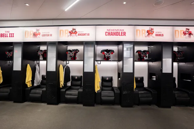 The locker room inside the Florida State University Dunlap Football Center.