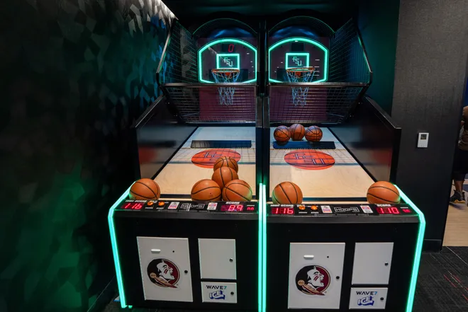 A game and relaxation space just off of the locker room inside the Florida State University Dunlap Football Center.