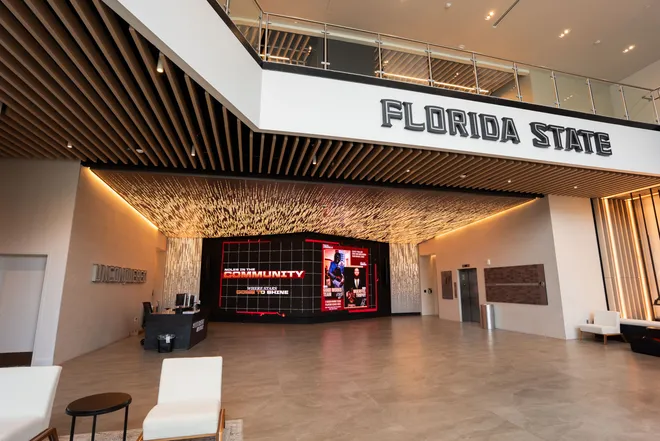 The lobby of the Florida State University Dunlap Football Center.