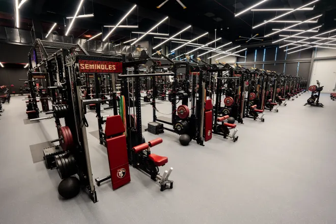 The weight room inside the Florida State University Dunlap Football Center.