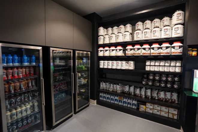 A space with protein, electrolyte beverages and other snacks is available for players just off of the weight room inside the Florida State University Dunlap Football Center.