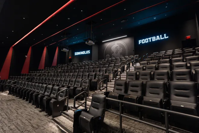The team meeting room, which seats 235 people, inside the Florida State University Dunlap Football Center.