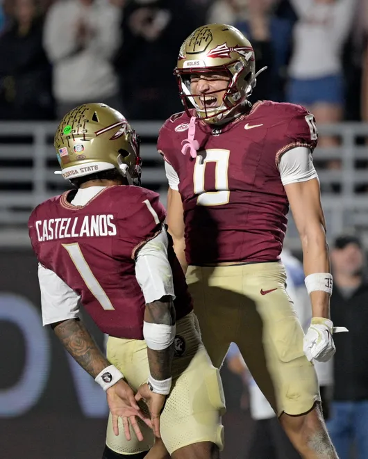Nov 1, 2025; Tallahassee, Florida, USA; Florida State Seminoles quarterback Tommy Castellanos (1) celebrates a touchdown with wide receiver Duce Robinson (0) during the second half against the Wake Forest Demon Deacons at Doak S. Campbell Stadium. Mandatory Credit: Melina Myers-Imagn Images