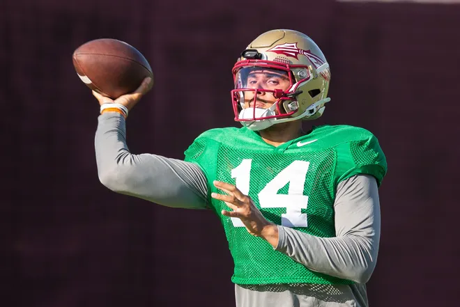 The Florida State Seminoles football team practice for the upcoming season Thursday, April 9, 2026.