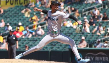 Miami Marlins pitcher Eury Pérez throws to an Athletics batter during the sixth inning of a baseball game Sunday, July 5, 2026, in West Sacramento, Calif. (AP Photo/Scott Marshall)