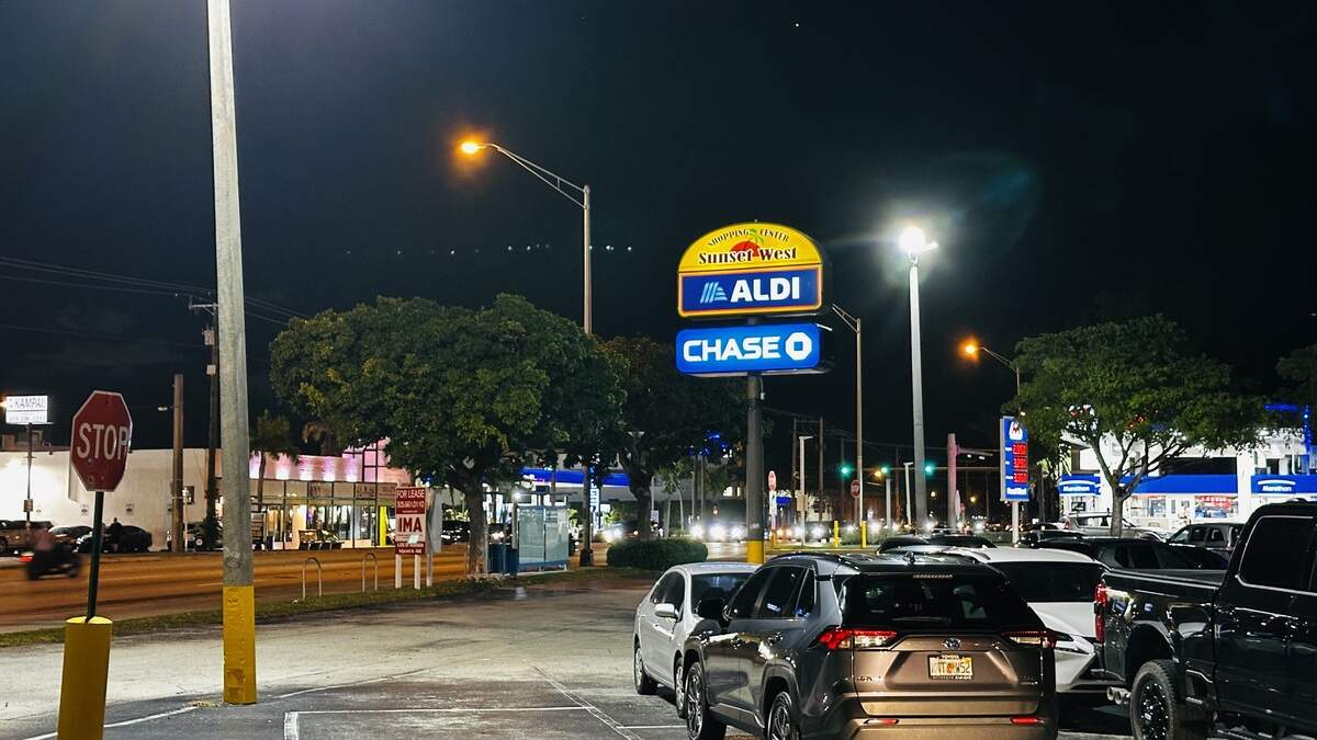 Signs for a new Aldi store in the space of a reconfigured Winn-Dixie store at the Sunset West shopping center at Sunset Drive and 87th Avenue went up in December 2025. The converted Aldi is nearing completion almost a year later.