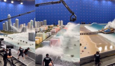 A three-panel composite shows a film crew using a camera crane to film a miniature model of a city being hit by a large wave.
