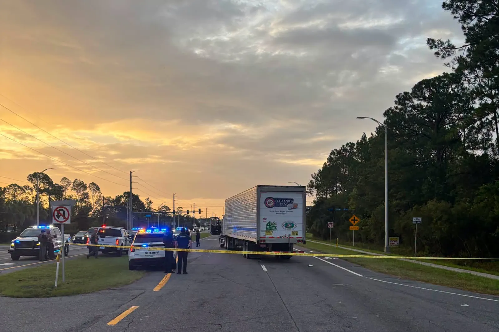 The eastbound lanes of State Road 16 between Outlet Mall Boulevard and Inman Road in St. Augustine, Florida, are shut down after a fatal collision. (St. Johns County Sheriff's Office, via AP)
