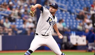 Shane McClanahan pitched three innings for Tampa Bay before leaving the game with tightness in his back. (AP Photo/Jason Behnken)