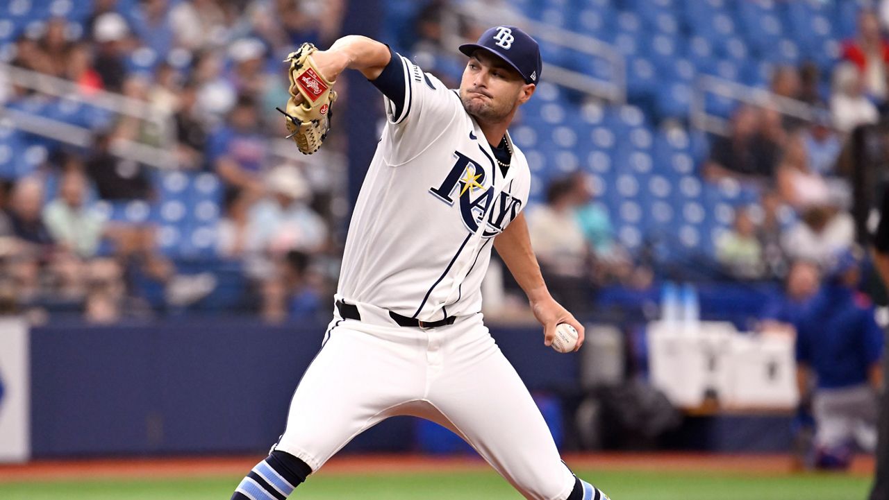 Shane McClanahan pitched three innings for Tampa Bay before leaving the game with tightness in his back. (AP Photo/Jason Behnken)