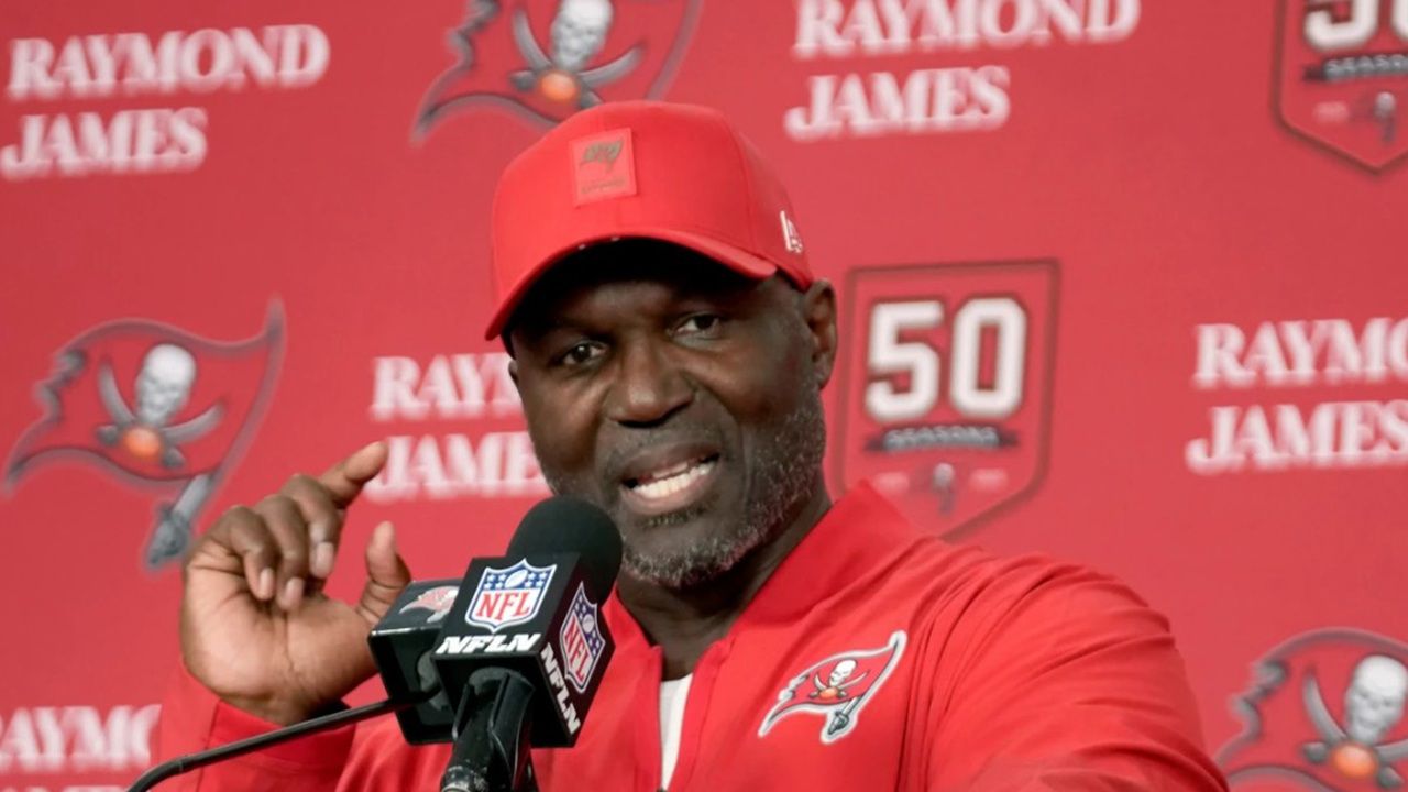 Tampa Bay head coach Todd Bowles answers questions during a news conference after the Bucs’ 20-17 win against the Arizona Cardinals in Tampa on November 30, 2025. (AP Photo/Chris O’Meara)